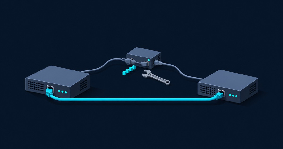 Two network boxes joined by a glowing cyan direct cable, with a gray detour through a small relay box, a wrench and cyan packet cubes on a dark background